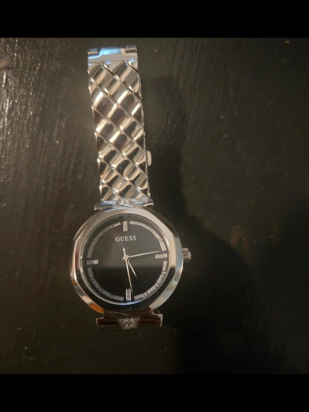 Womens Guess Silver Tone Bracelet Watch with Black Dial